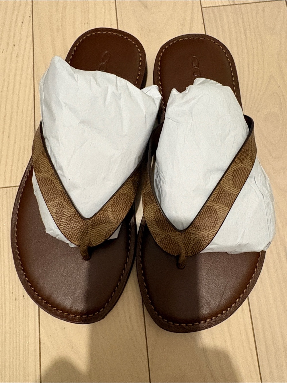 Coach Brown Leather Flip Sandals with Tan Patterned Straps